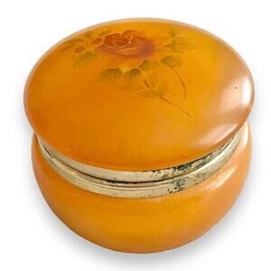 Vintage Alabaster Trinket Box Italy Rose Hinged Orange Ring Pill Jewelry Vanity
